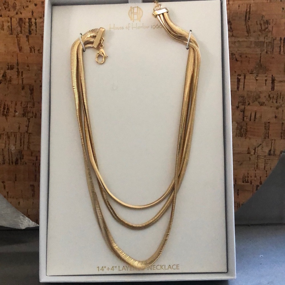 Gold 3 chain layered herringbone necklace